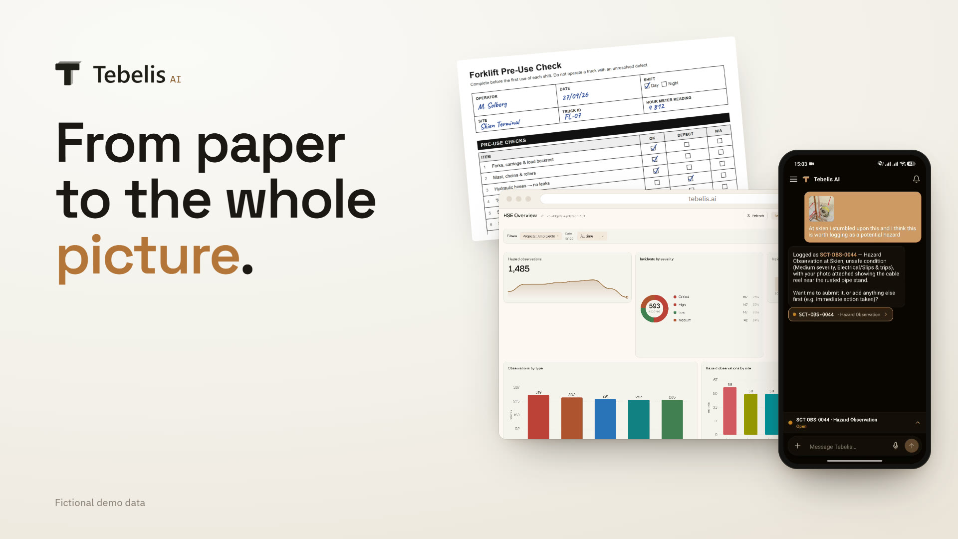 Tebelis AI product film: a paper form becomes a live form, a site inspector files a hazard from her phone, the HSE lead reviews it and asks the dashboard a question.