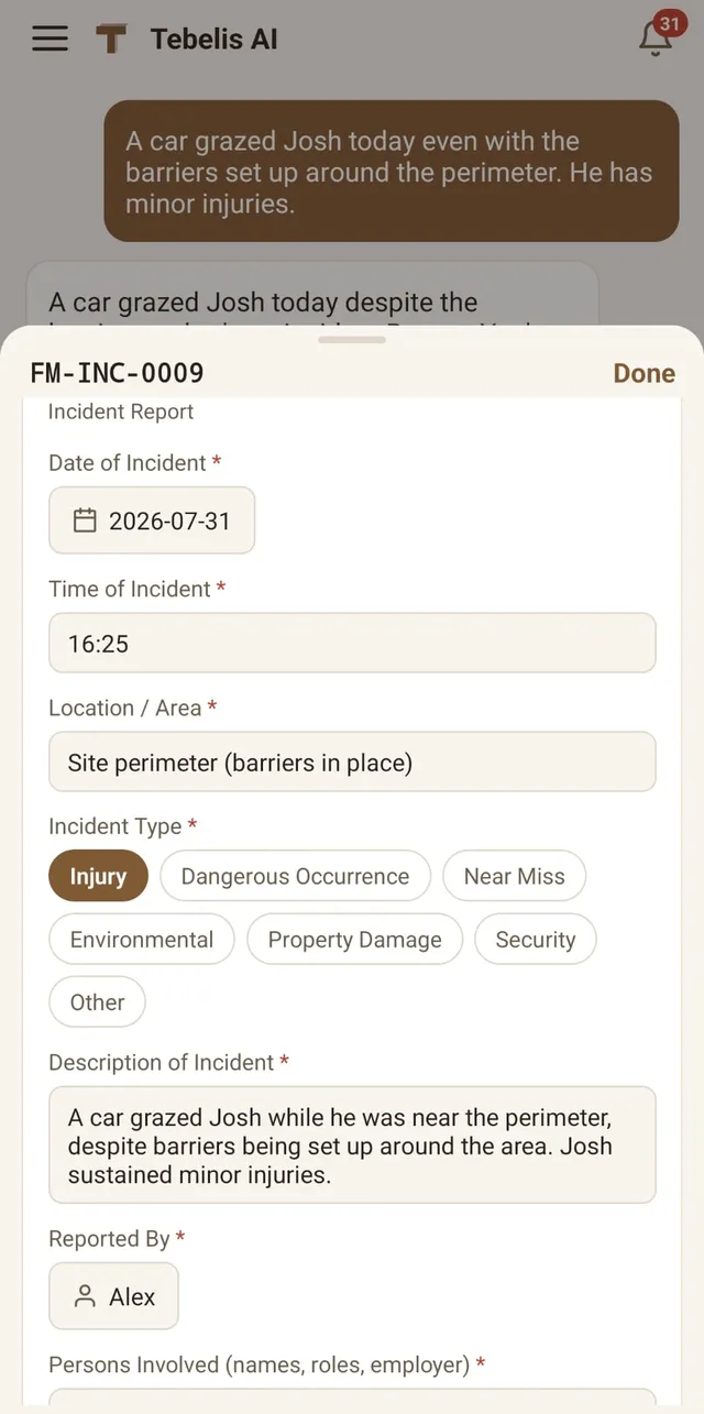 The record card, pulled up over the chat — date, time, location and incident type already filled, ready to review.