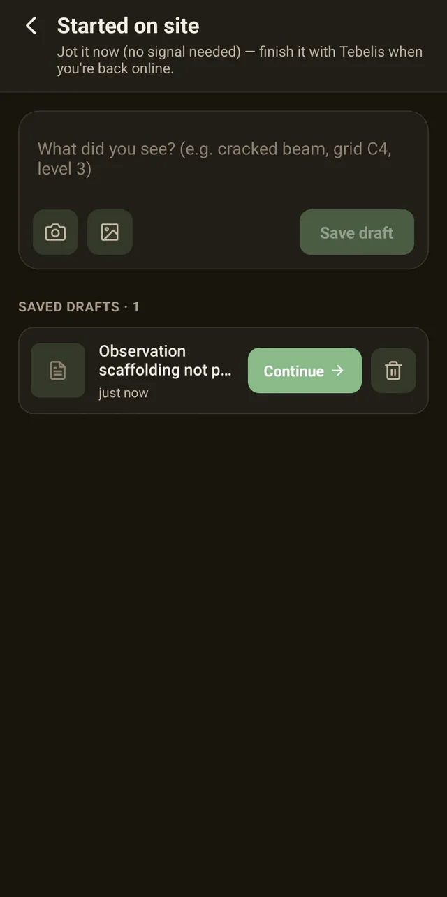 Offline notes saved on site, ready to finish later