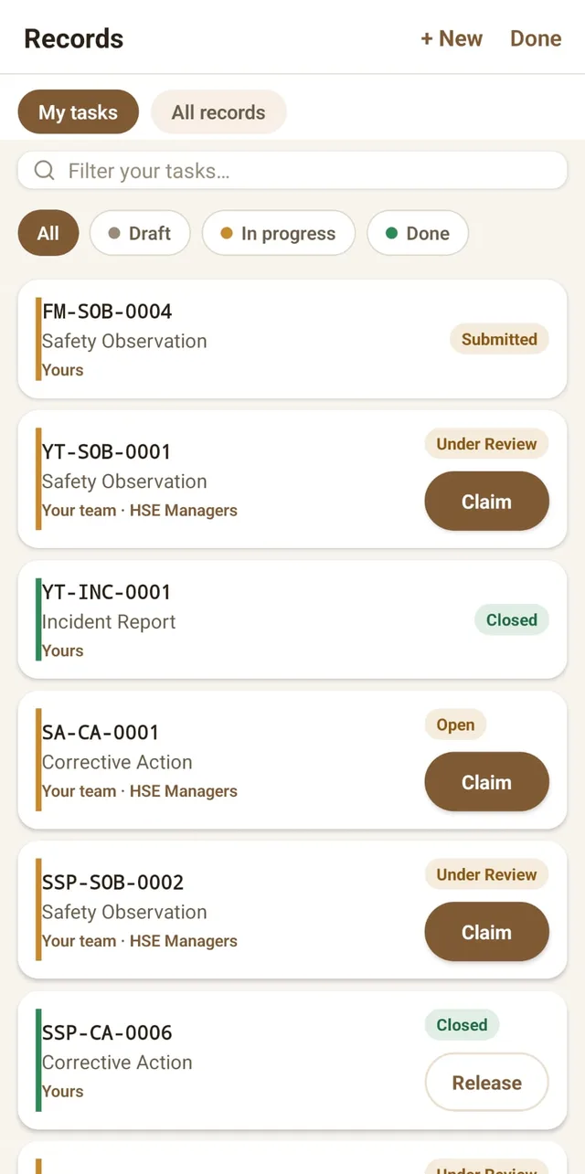 The My Tasks list with live statuses and one-tap claim