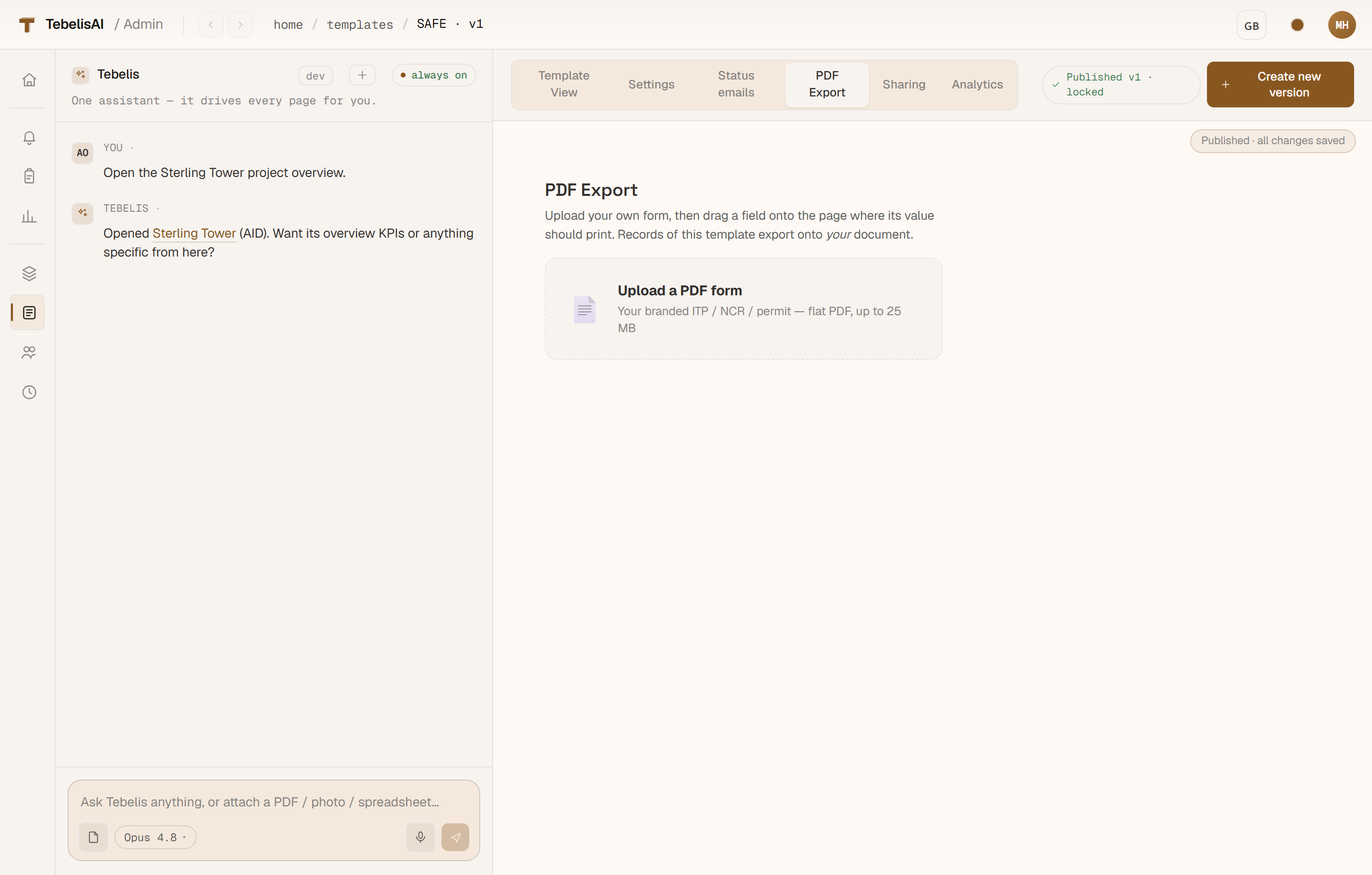 The PDF Export tab — upload a branded PDF form and Tebelis stamps record values onto it.